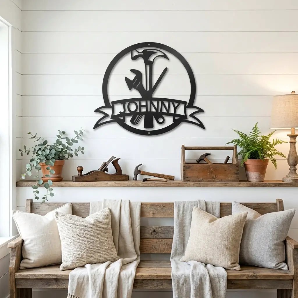 Personalized Tool Metal Wall Art Custom Name Sign Hammer Tools Decor Handyman Gift Workshop Garage Wall Decor Carpenter Gift Idea