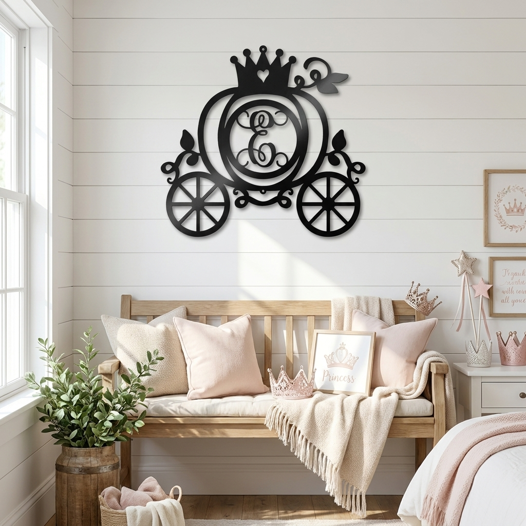 Personalized Fairytale Pumpkin Carriage Metal Wall Art | Custom Initial Princess Carriage Sign | Monogram Metal Decor | Made in USA