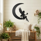 Fairy on Moon Metal Wall Art | Crescent Moon Fairy Wall Decor | Fantasy Metal Wall Hanging | Fairy Bedroom Decor | Made in USA