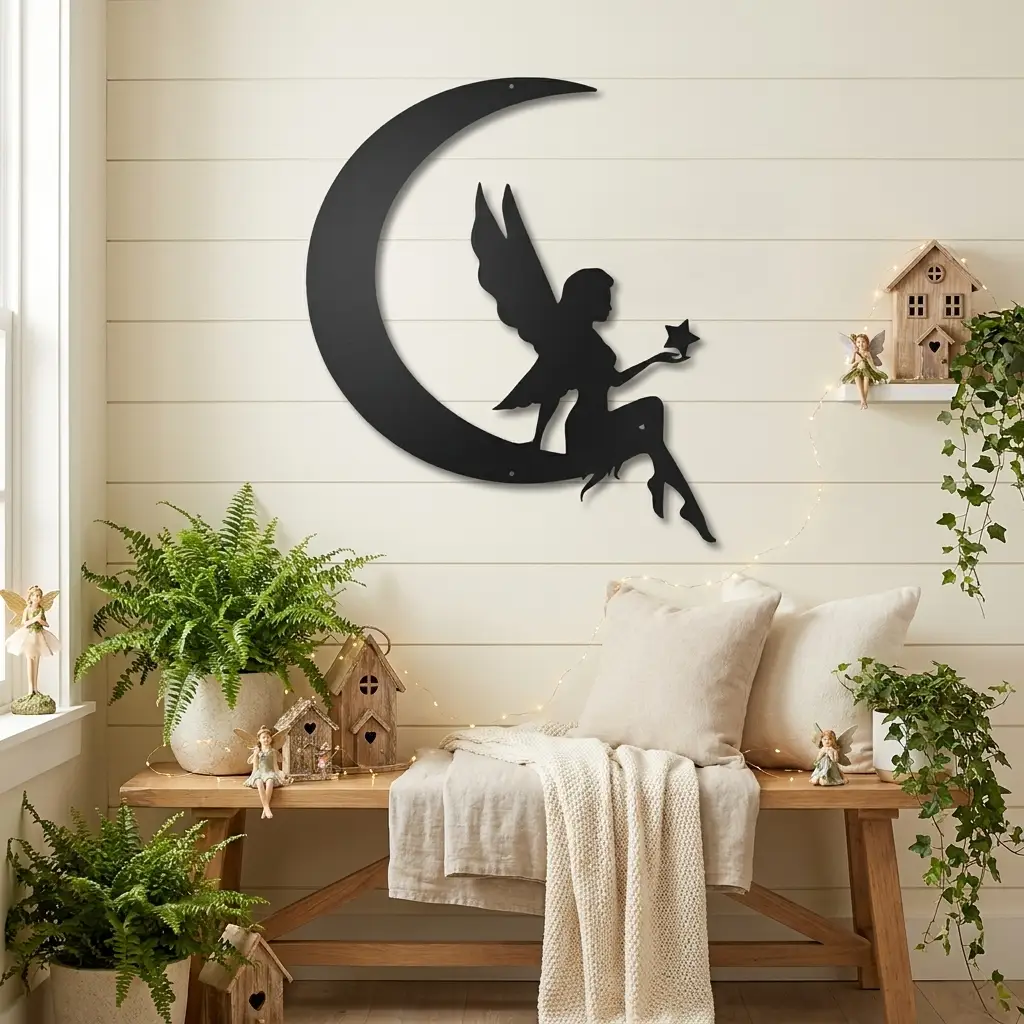Fairy on Moon Metal Wall Art | Crescent Moon Fairy Wall Decor | Fantasy Metal Wall Hanging | Fairy Bedroom Decor | Made in USA