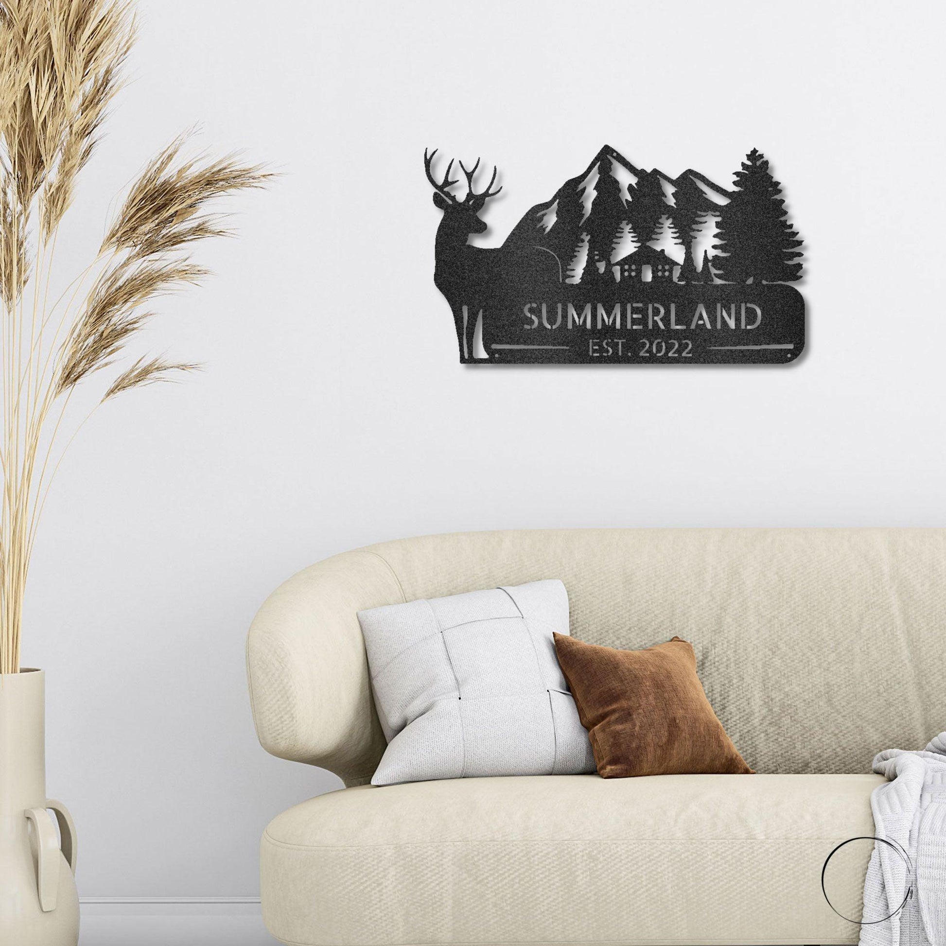 Deer and Cabin in the Woods Custom Name Metal Art Wall Sign - Mallard Moon Gift Shop