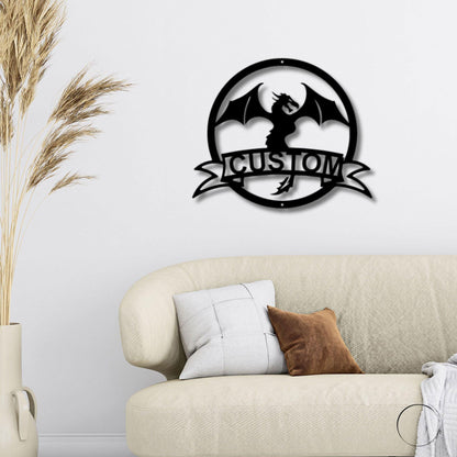 Dragon Banner Personalized Name Metal Art Wall Sign - Mallard Moon Gift Shop