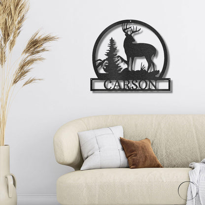 Deer Buck Mountain Scene Custom Name Metal Art Wall Sign - Mallard Moon Gift Shop