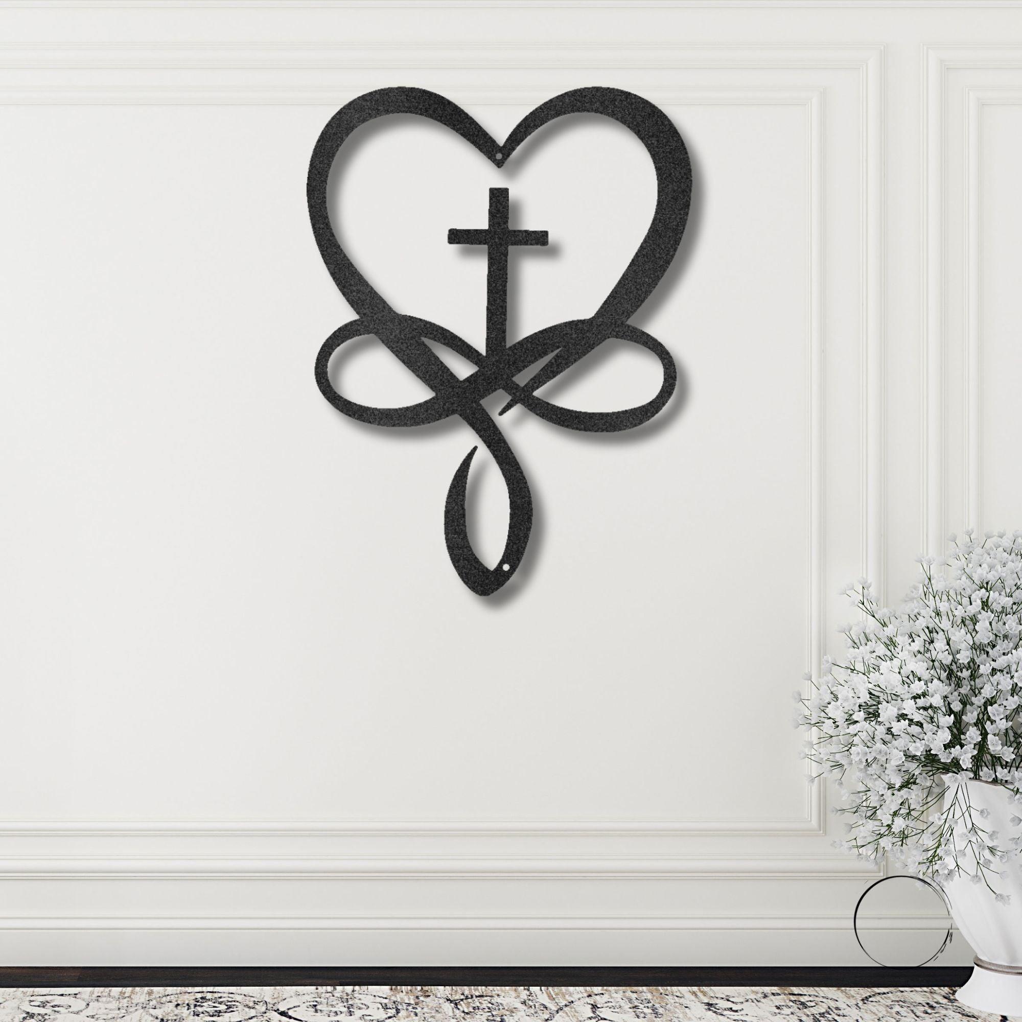 Love Infinity Heart and Cross Metal Art Wall Sign - Mallard Moon Gift Shop