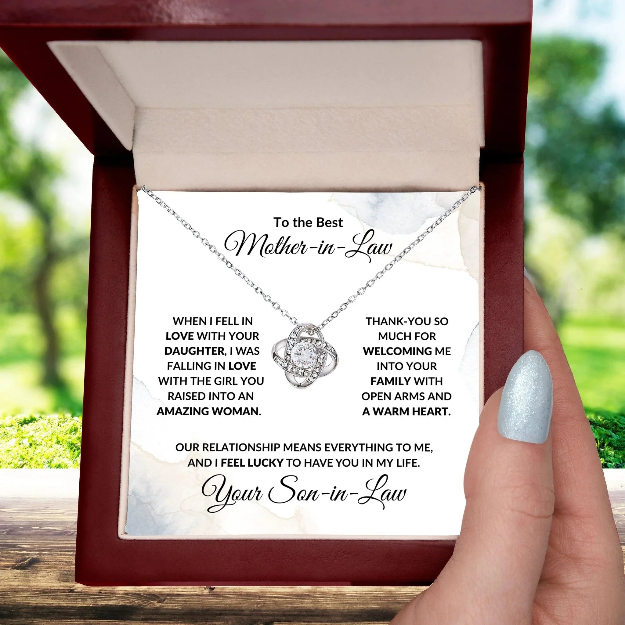 To the Best Mother-in-Law Love Knot Necklace Personalized From Son-in-Law