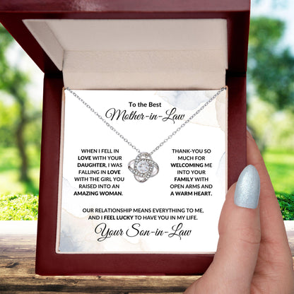To the Best Mother-in-Law Love Knot Necklace Personalized From Son-in-Law - Mallard Moon Gift Shop