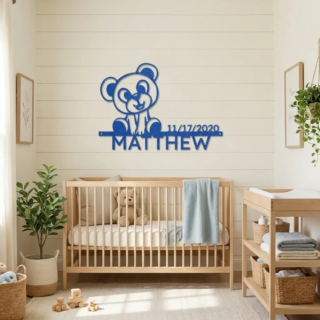 Personalized Teddy Bear Nursery Metal Wall Art – Custom Baby Name Sign with Birth Date – Nursery Decor – Baby Shower Gift