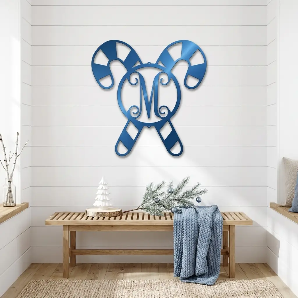 Personalized Candy Cane Monogram Metal Wall Art – Custom Initial Christmas Sign – Holiday Steel Décor (5 Sizes, 5 Colors)