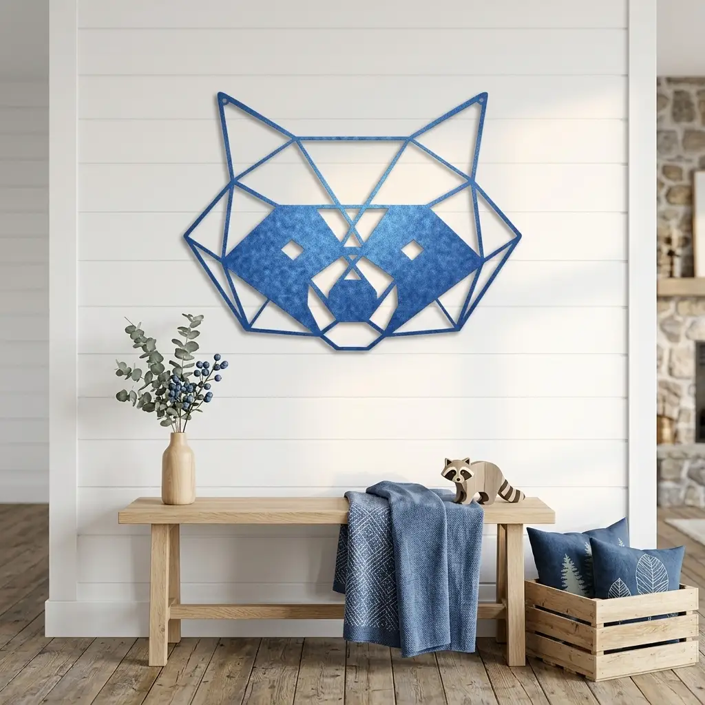 Geometric Raccoon Metal Wall Art – Modern Wildlife Steel Sign, Rustic Cabin Decor, Forest Animal Wall Hanging, Laser Cut Metal Art 12"–36"