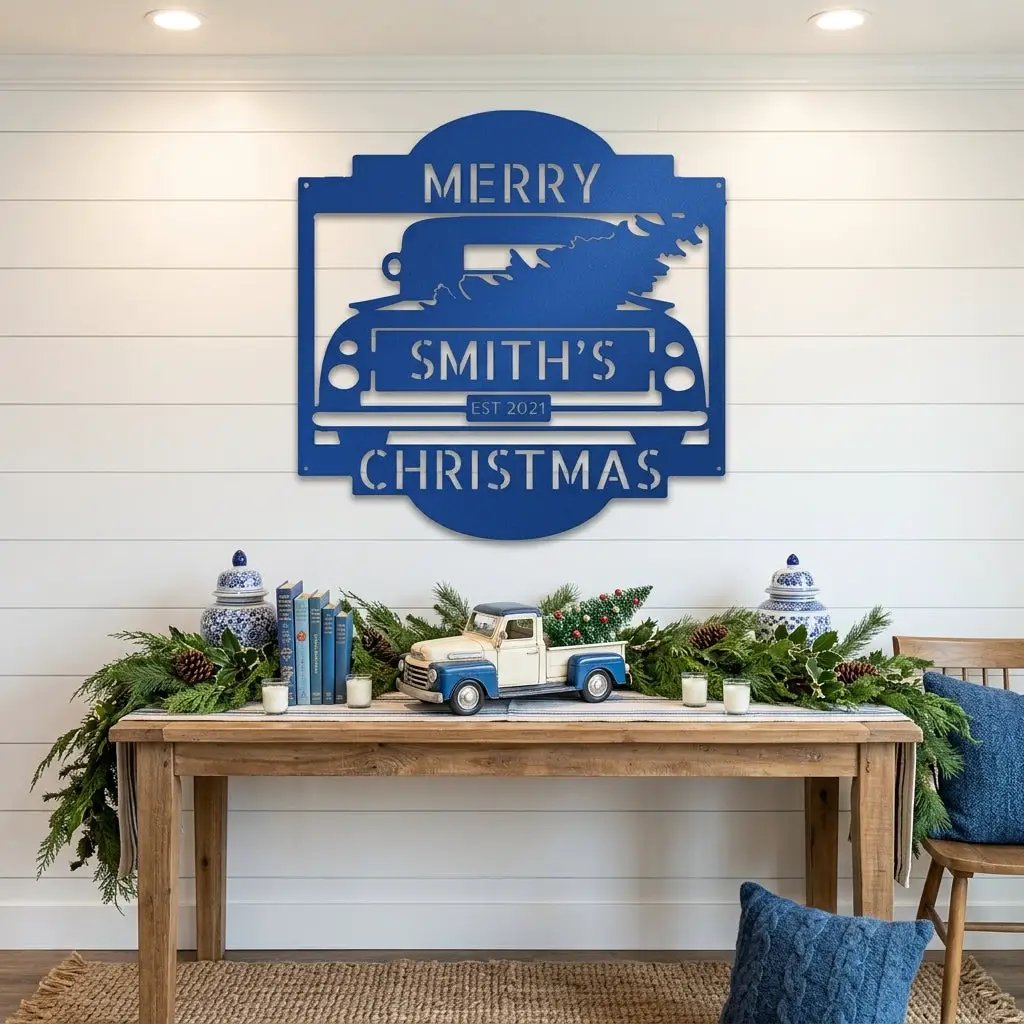 Christmas Truck Personalized Metal Wall Sign | Custom Family Holiday Wall Art | Vintage Truck Christmas Decor | Personalized Name & Year Metal Sign | Made in USA