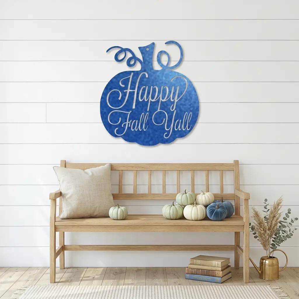 Happy Fall Y'all Pumpkin Metal Wall Art | Autumn Pumpkin Wall Decor | Rustic Farmhouse Fall Sign | Thanksgiving Porch & Entryway Decor | Seasonal Metal Wall Hanging | Made in USA