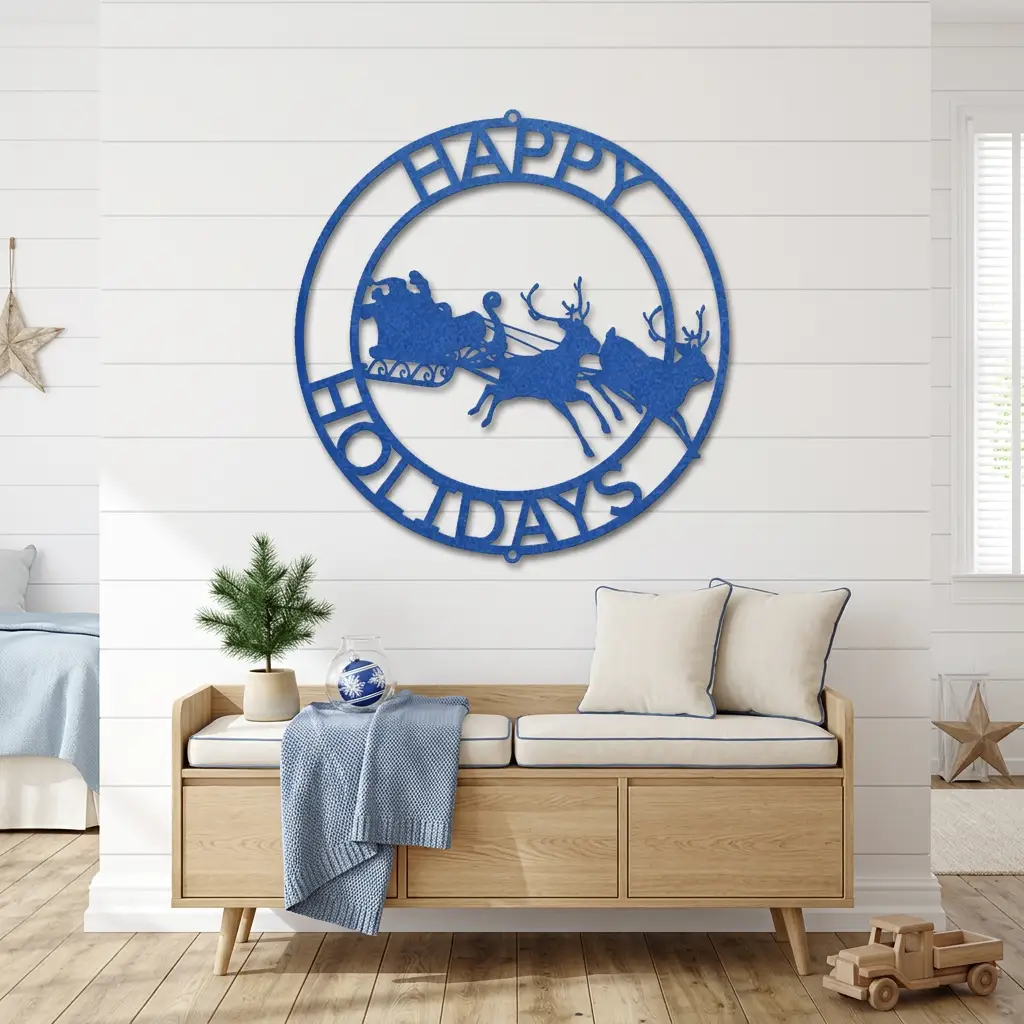 Personalized Santa Sleigh & Reindeer Metal Wall Art – Custom Family Name Christmas Sign – Handmade Steel Décor (5 Sizes, 5 Colors)