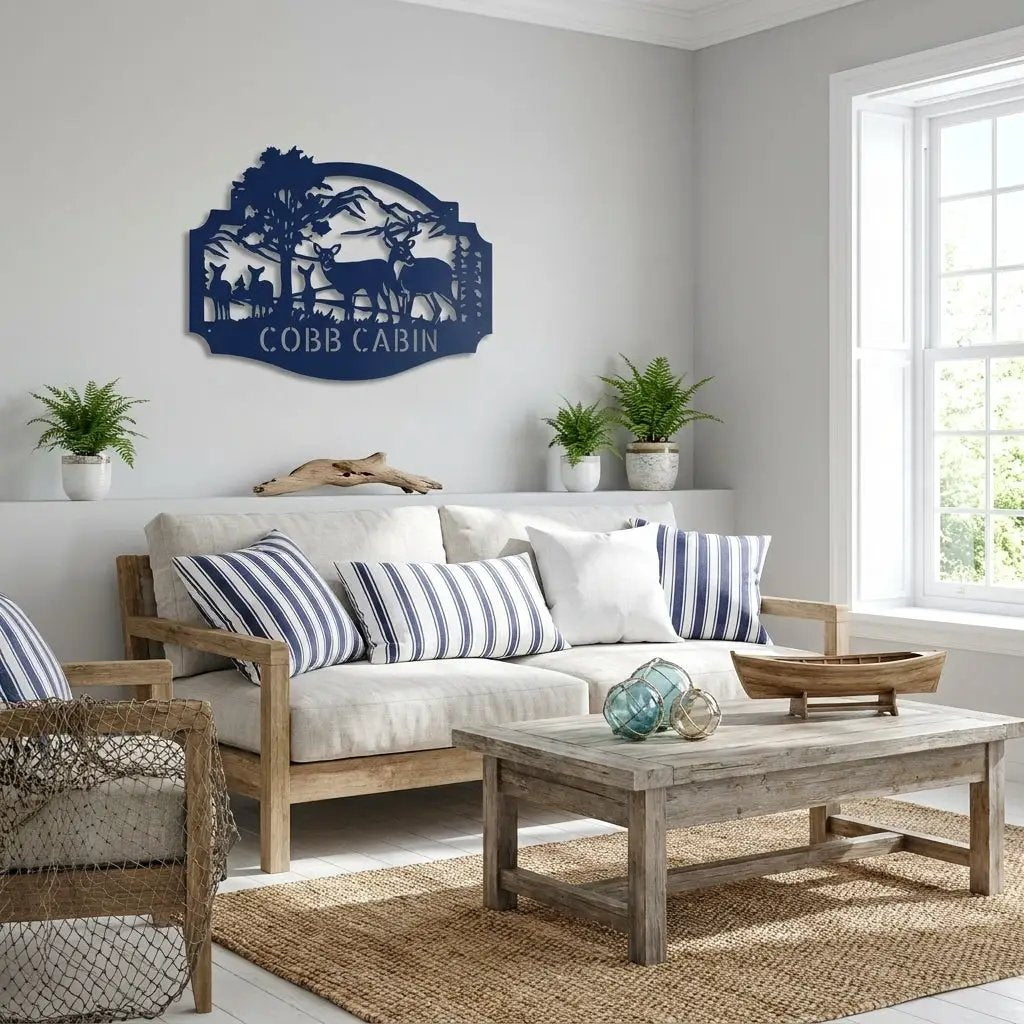 Personalized Deer Cabin Metal Wall Art – Rustic Family Name Sign – Hunting Lodge Decor – Custom Mountain Scene Steel Sign – Cabin Wall Decor Gift