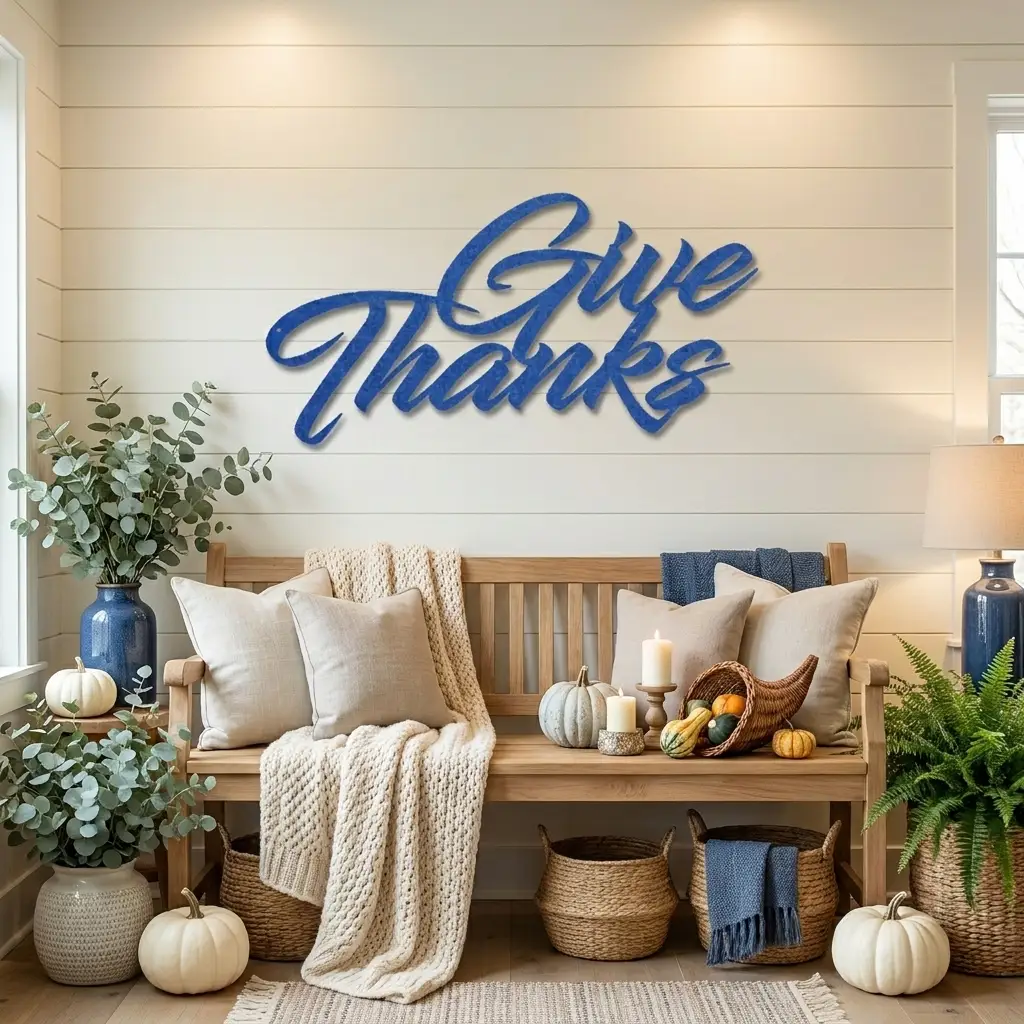 Give Thanks Metal Sign, Farmhouse Wall Decor, Thanksgiving Decor, Script Wall Art, Fall Home Decor, Gratitude Sign