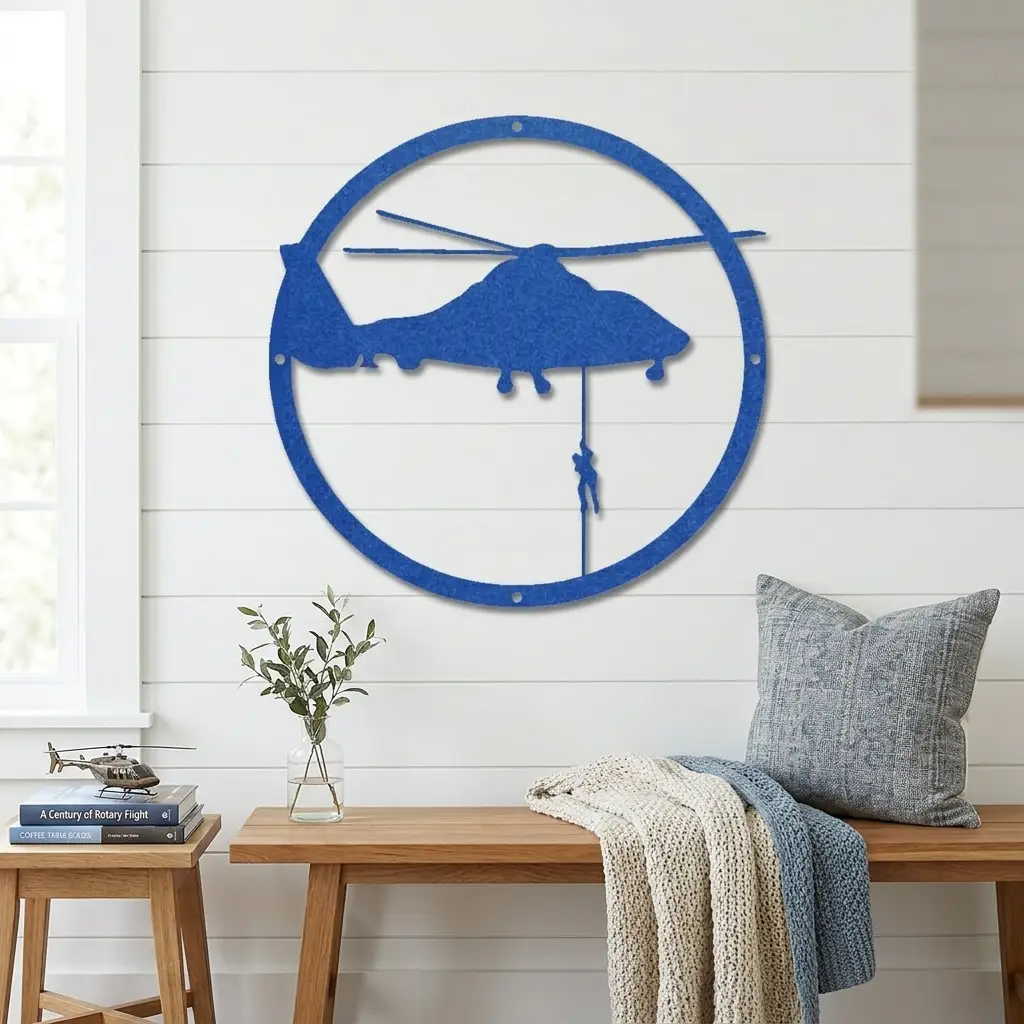 Helicopter Metal Wall Art – Aviation Rescue Metal Sign, Pilot & Military Inspired Wall Decor