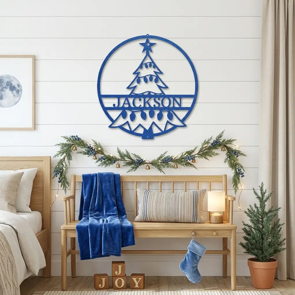 Personalized Christmas Tree Metal Wall Art – Custom Family Name Holiday Sign – Handmade Steel Décor (5 Sizes, 5 Colors)