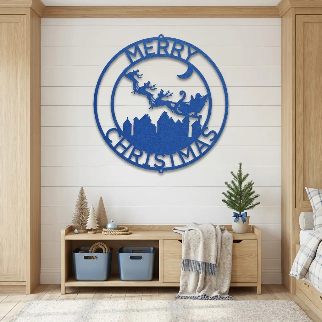 Personalized Santa Sleigh Flying Over Town Metal Wall Art – Custom Family Name Christmas Sign – Holiday Steel Décor (5 Sizes, 5 Colors)