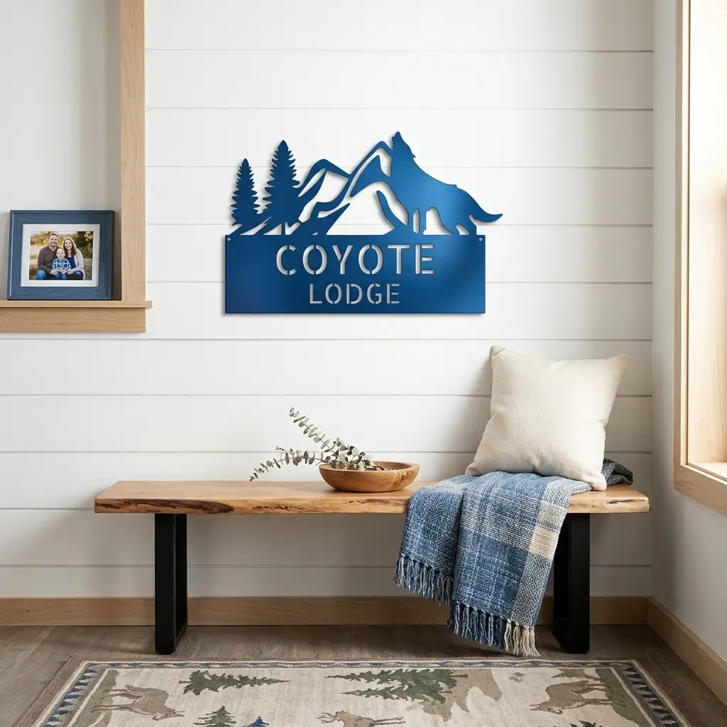 Coyote and Mountains Custom Name Metal Wall Sign