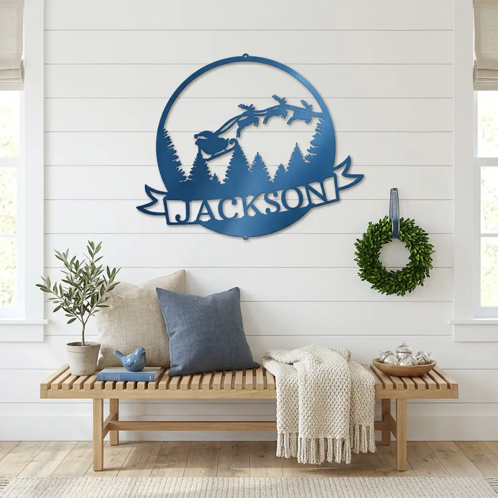 Personalized Santa Sleigh Flying Through Sky Metal Wall Art – Custom Family Name Banner Christmas Sign – Holiday Steel Décor (5 Sizes, 5 Colors)