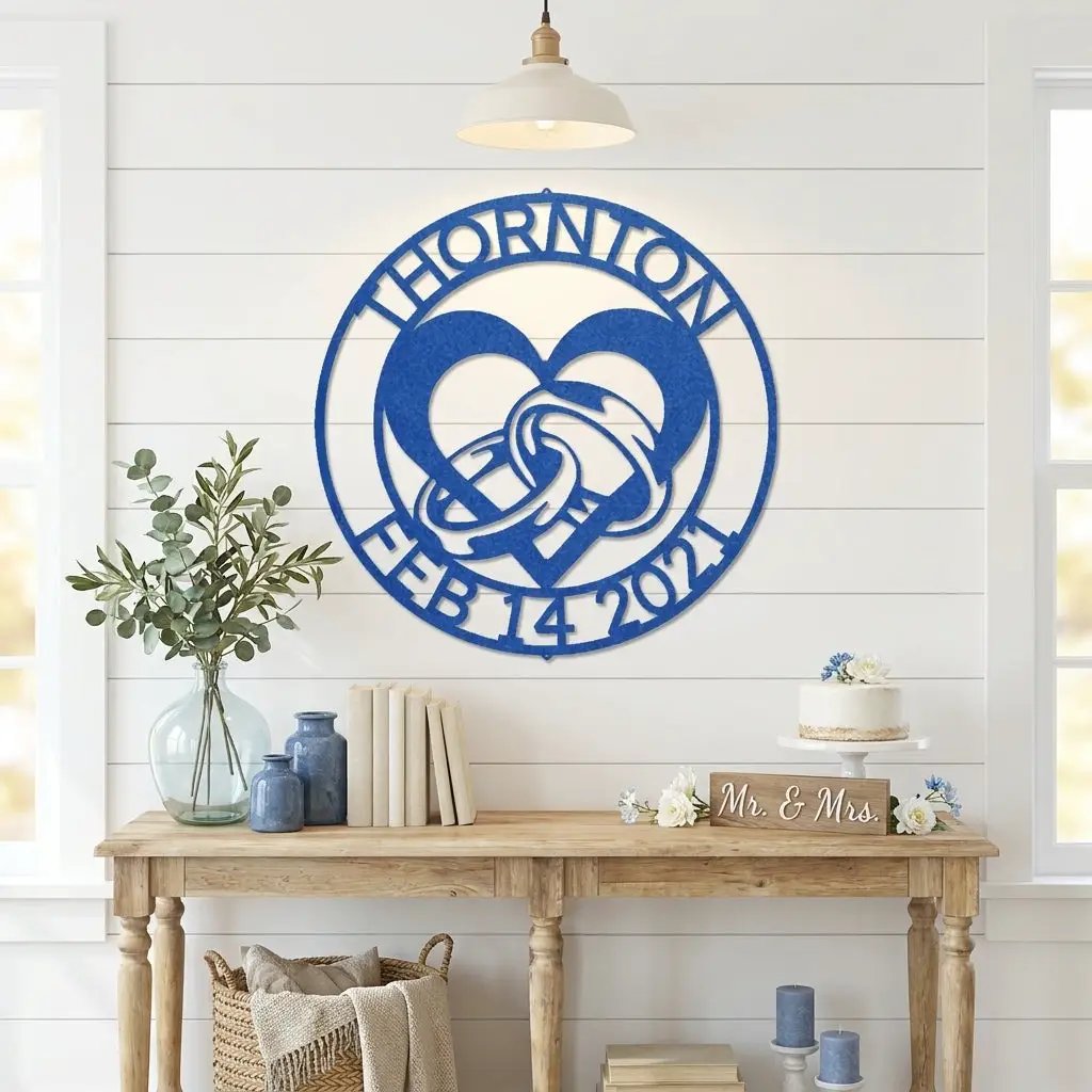 Personalized Engagement Rings Metal Wall Art Sign – Custom Couple Name and Date Steel Decor – Wedding Engagement Gift – Indoor Outdoor Powder Coated Sign