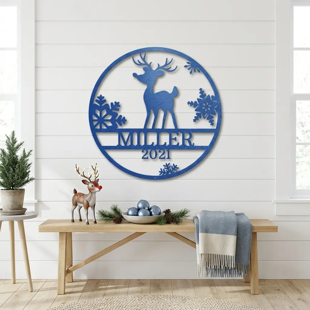 Rudolph Reindeer Christmas Personalized Metal Sign | Custom Family Name & Year Holiday Wall Art | Reindeer Snowflake Metal Decor | Christmas Gift for Family