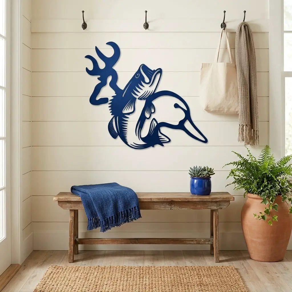 Hunting & Fishing Metal Wall Art – Deer, Duck and Bass Rustic Steel Sign