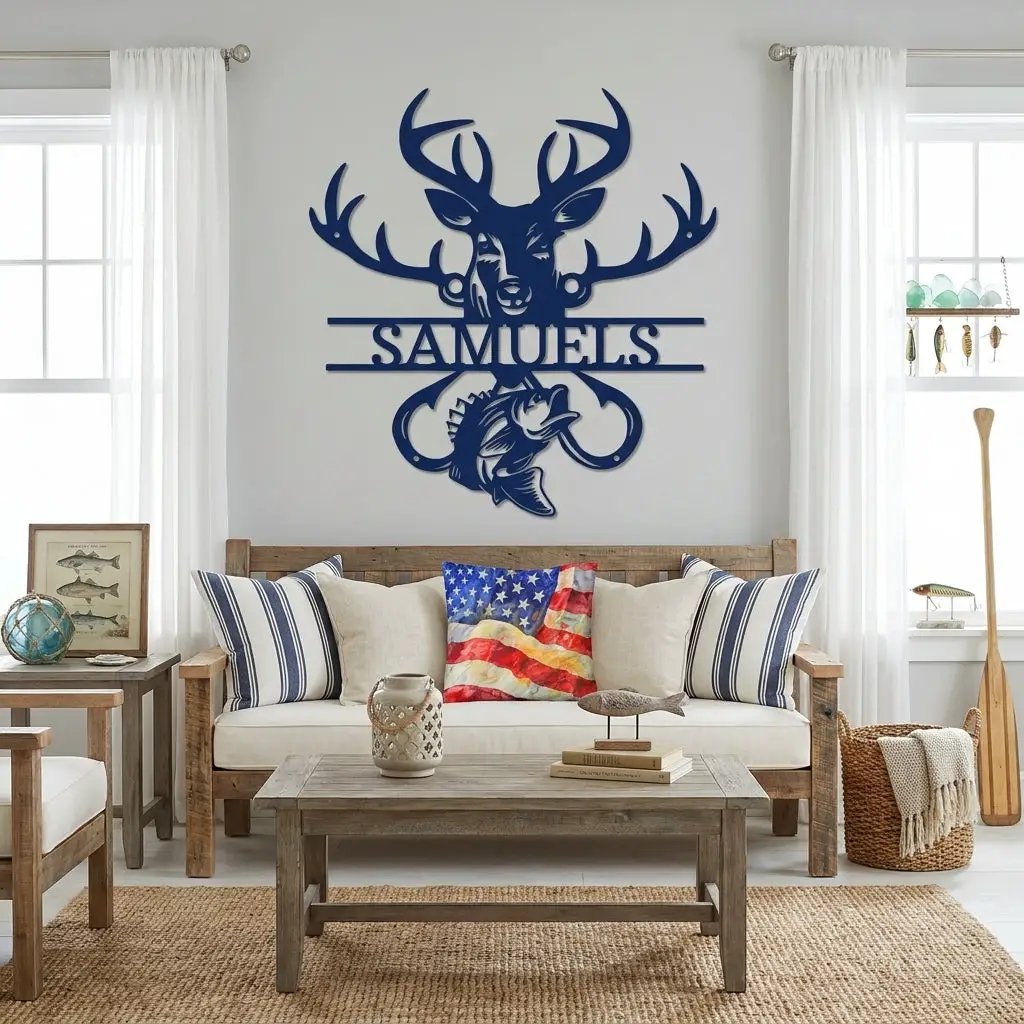 Outdoorsman Custom Metal Wall Art Deer Hunting and Bass Fishing Sign Custom Name Rustic Cabin Decor Hunter Fisherman Gift