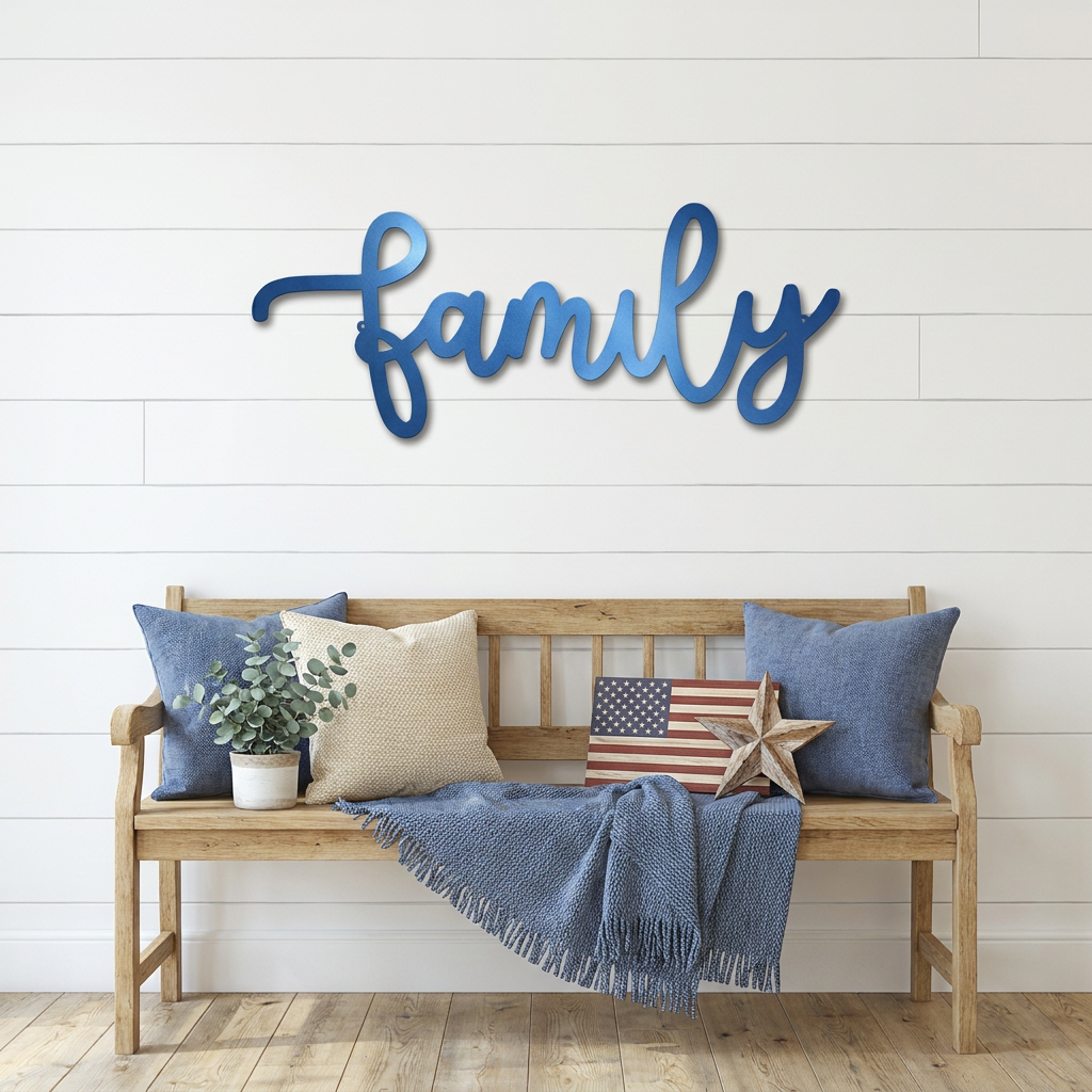 Family Script Metal Wall Art – Modern Farmhouse Decor – Minimalist Home Sign – Family Wall Decor