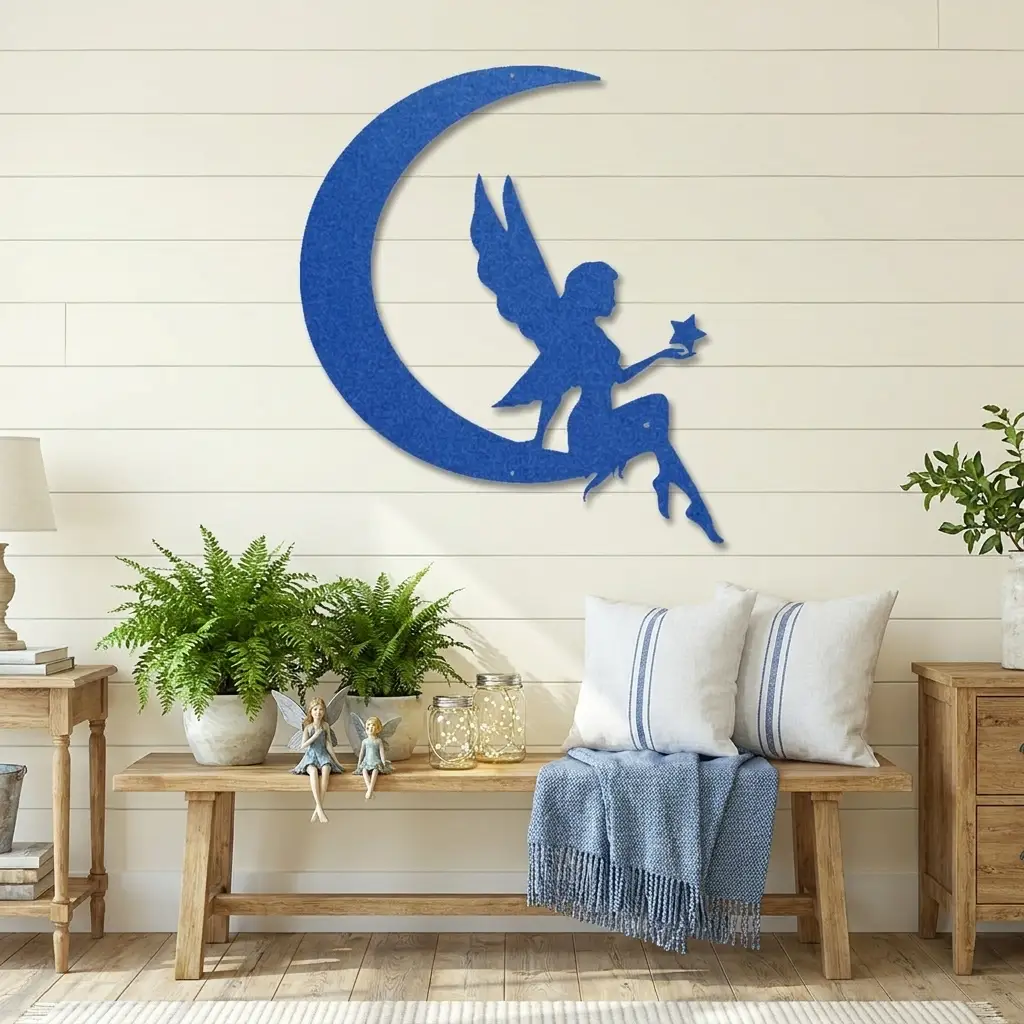 Fairy on Moon Metal Wall Art | Crescent Moon Fairy Wall Decor | Fantasy Metal Wall Hanging | Fairy Bedroom Decor | Made in USA