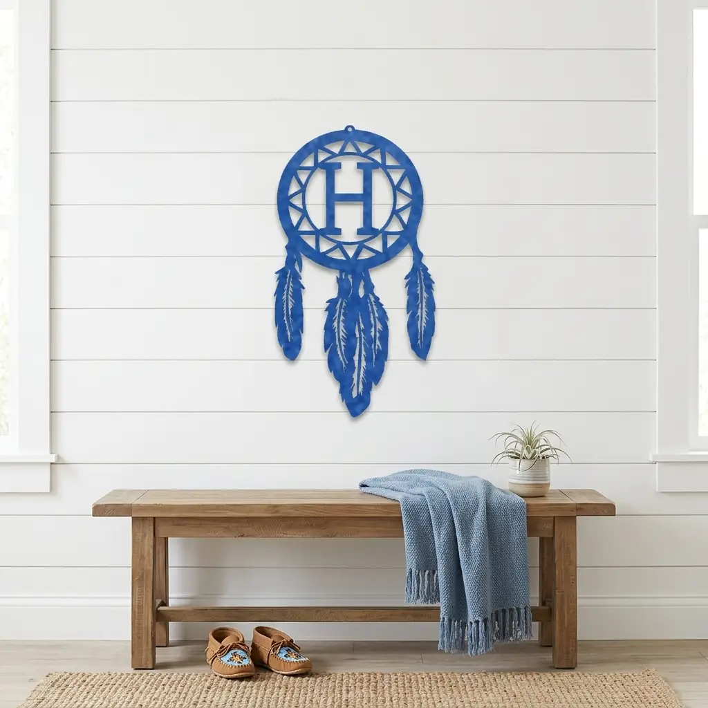 Personalized Dreamcatcher Metal Wall Art – Custom Initial Southwestern Feather Décor