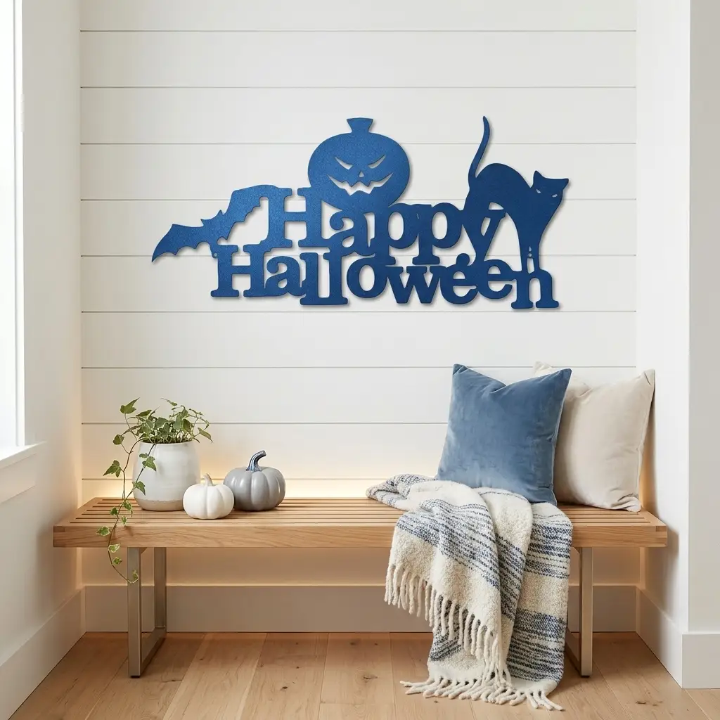 Happy Halloween Metal Wall Art Sign – Pumpkin Bat Cat Halloween Decor – Outdoor Powder Coated Steel Sign – Spooky Farmhouse Porch Decor