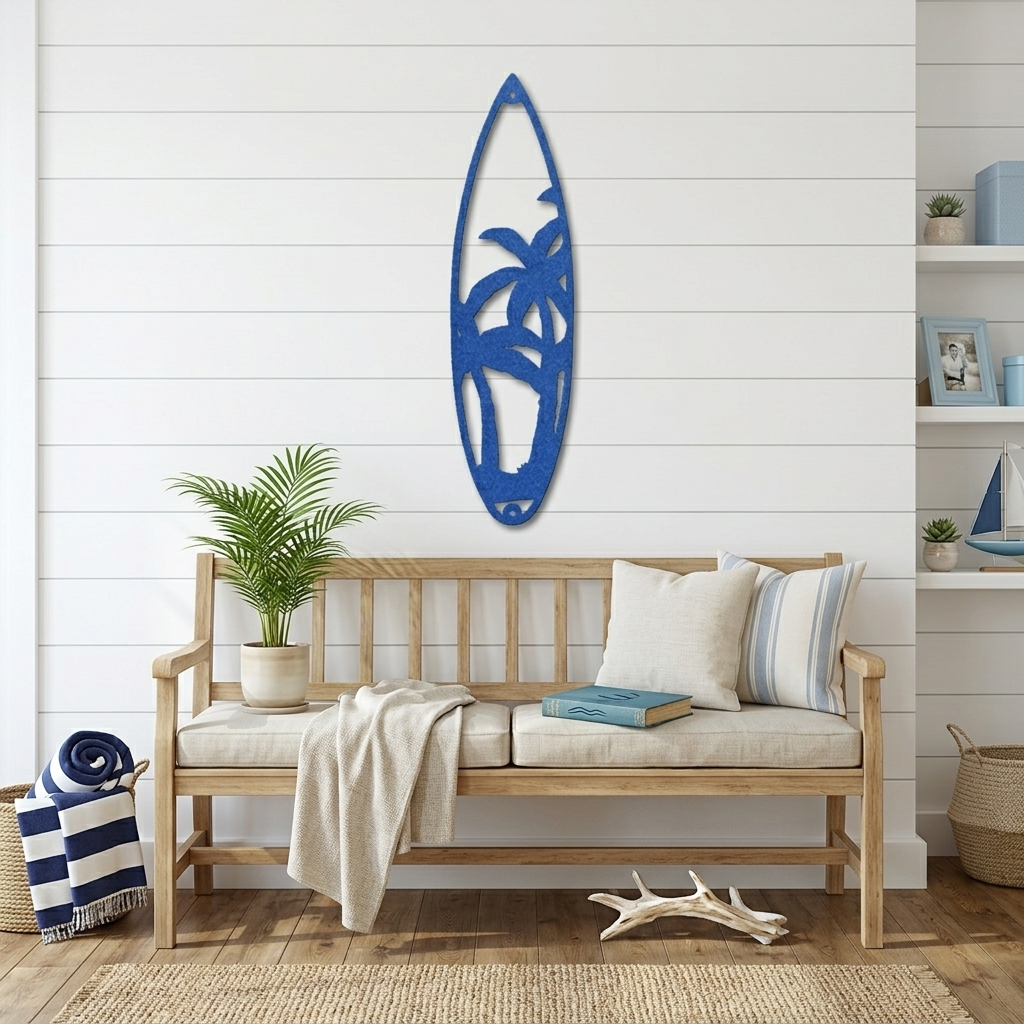 Palm Tree Surfboard Metal Wall Art | Tropical Coastal Beach Decor | Surfboard Shaped Metal Wall Hanging | Island & Ocean Home Decor | Made in USA