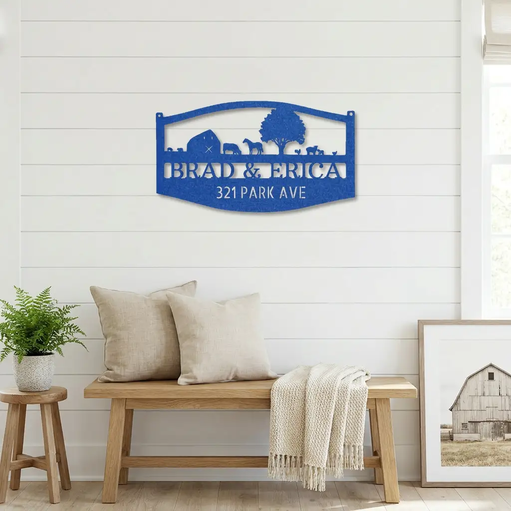 Farm Scene Custom Name Indoor Outdoor Monogram Steel Wall Sign