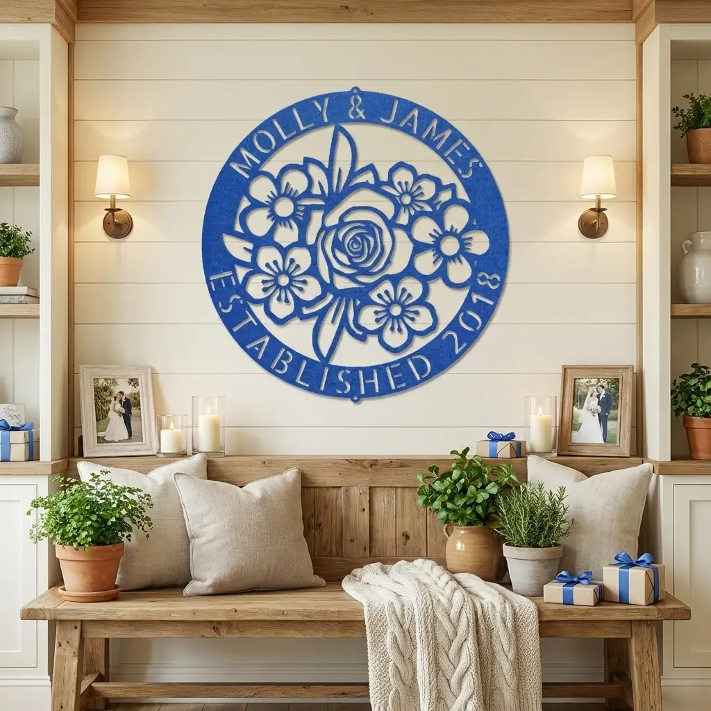 Personalized Floral Family Name Metal Sign | Custom Established Date Wall Art | Round Flower Monogram Steel Decor | Wedding, Anniversary & Housewarming Gift