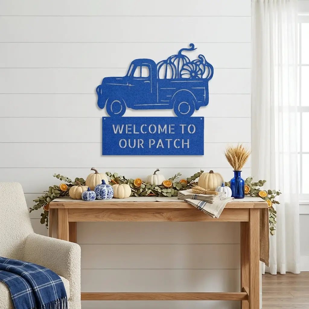 Personalized Vintage Pumpkin Truck Metal Wall Art | Custom Fall Harvest Sign | Farmhouse Autumn Decor | Welcome Pumpkin Patch Sign | Rustic Thanksgiving Wall Decor | Made in USA