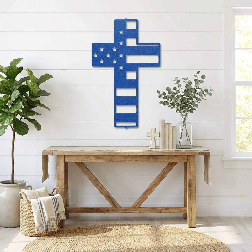 American Flag Cross Metal Wall Art – Patriotic Christian Cross Decor – USA Flag Faith Steel Sign – Veteran Tribute Wall Decor