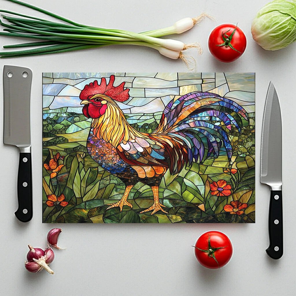 Rooster Mosaic Glass Cutting Board – Colorful Stained-Glass Kitchen Decor