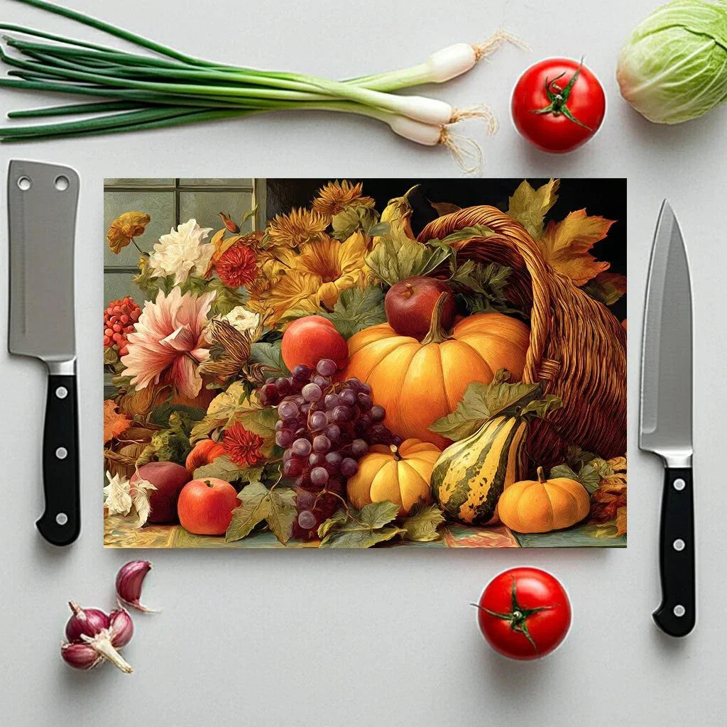 Autumn Harvest Glass Cutting Board — Cornucopia Pumpkins & Fall Fruit Kitchen Decor