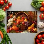 Autumn Harvest Glass Cutting Board — Pumpkin & Fruit Still Life Kitchen Décor