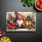 Christmas Gnome Glass Cutting Board — Festive Poinsettia & Lantern Kitchen Decor