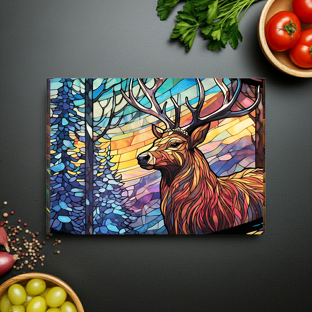 Stained Glass Stag Glass Cutting Board — Colorful Woodland Kitchen Decor