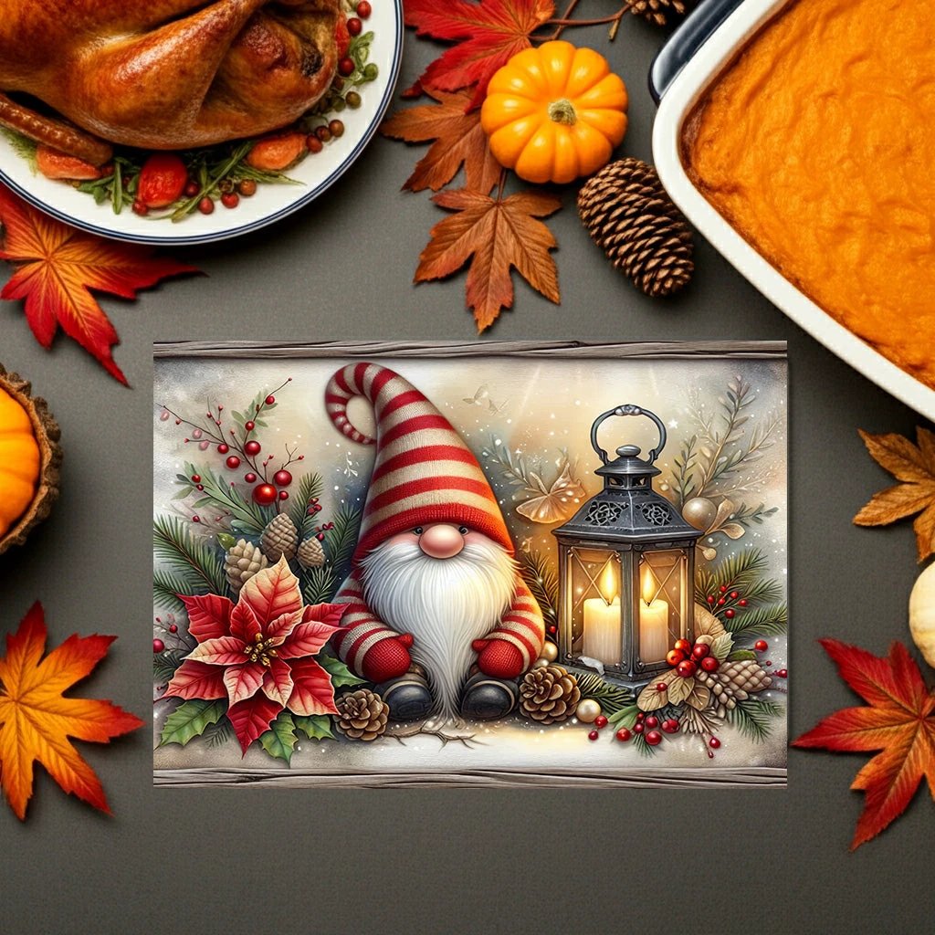 Christmas Gnome Glass Cutting Board — Festive Poinsettia & Lantern Kitchen Decor