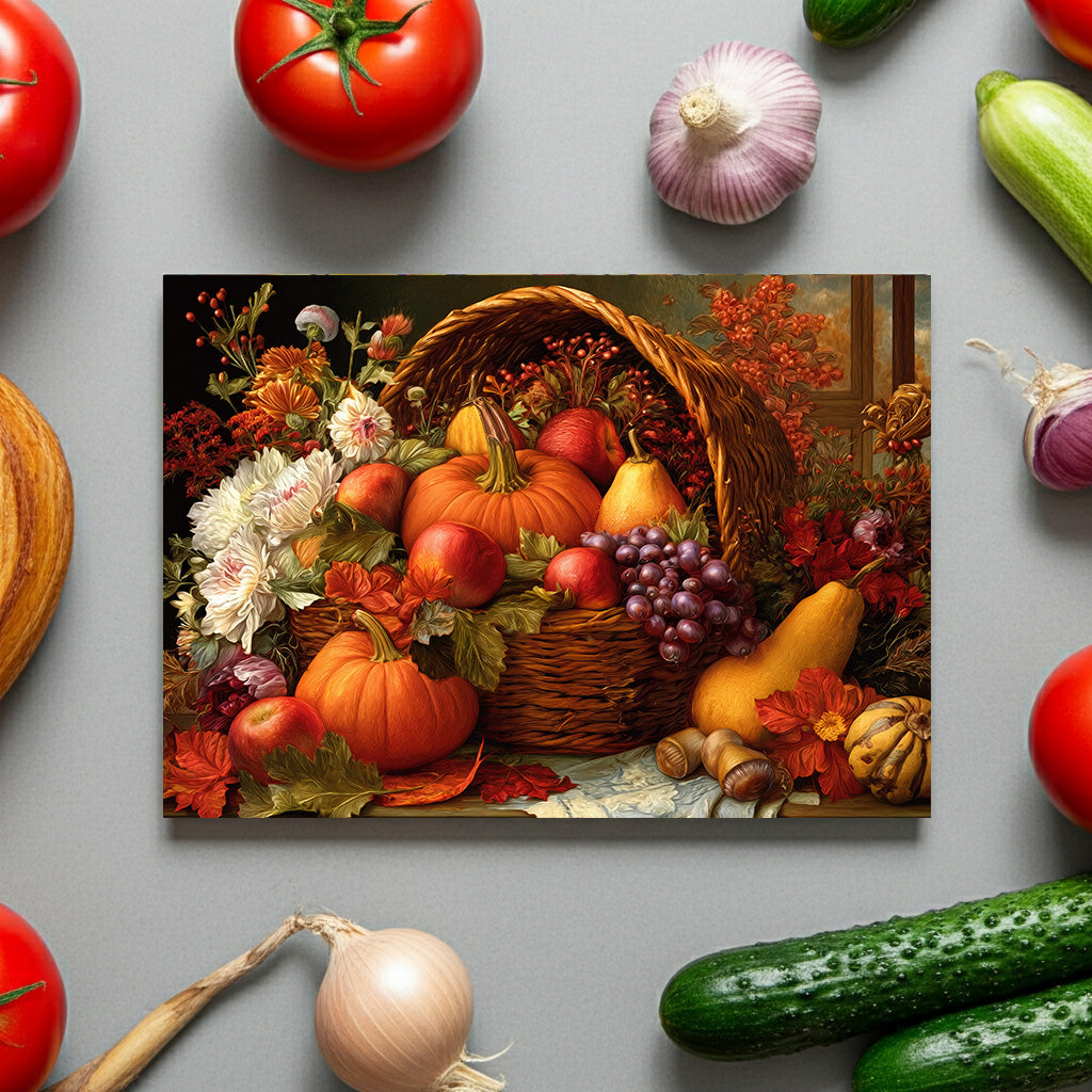 Autumn Harvest Glass Cutting Board — Pumpkin & Fruit Still Life Kitchen Décor