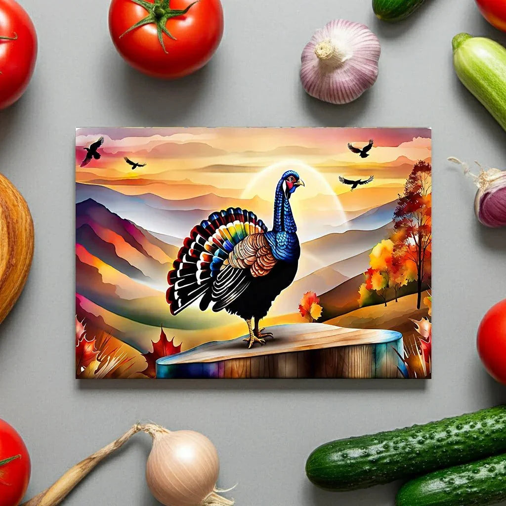 Glass Cutting Board — Colorful Turkey Sunset Kitchen Cutting Board, Autumn Farmhouse Décor