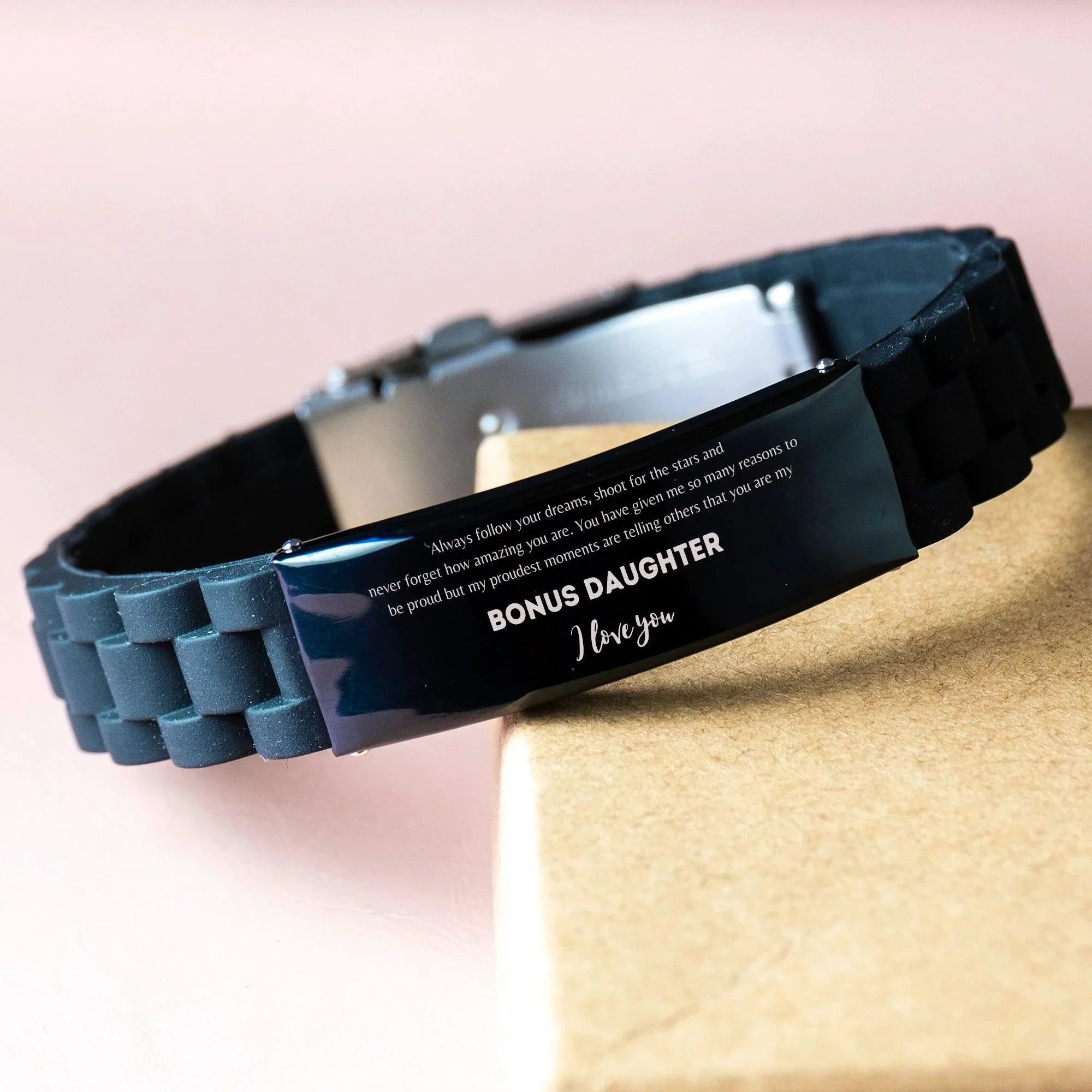 Bonus Daughter Black Glidelock Clasp Engraved Bracelet Always follow your dreams, never forget how amazing you are Birthday Christmas Gifts