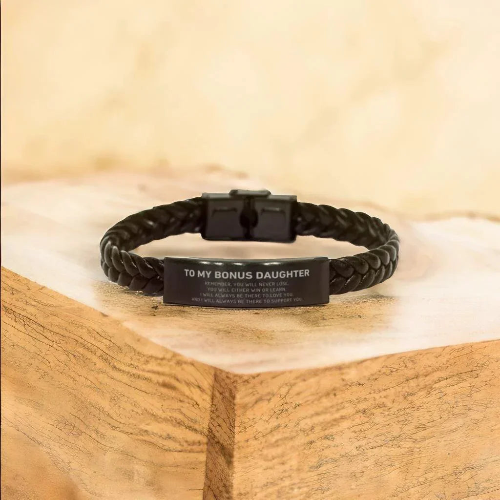 Bonus Daughter Gifts, To My Bonus Daughter Remember, you will never lose. You will either WIN or LEARN, Keepsake Braided Leather Bracelet For Bonus Daughter Engraved, Birthday Christmas Gifts Ideas For Bonus Daughter X-mas Gifts