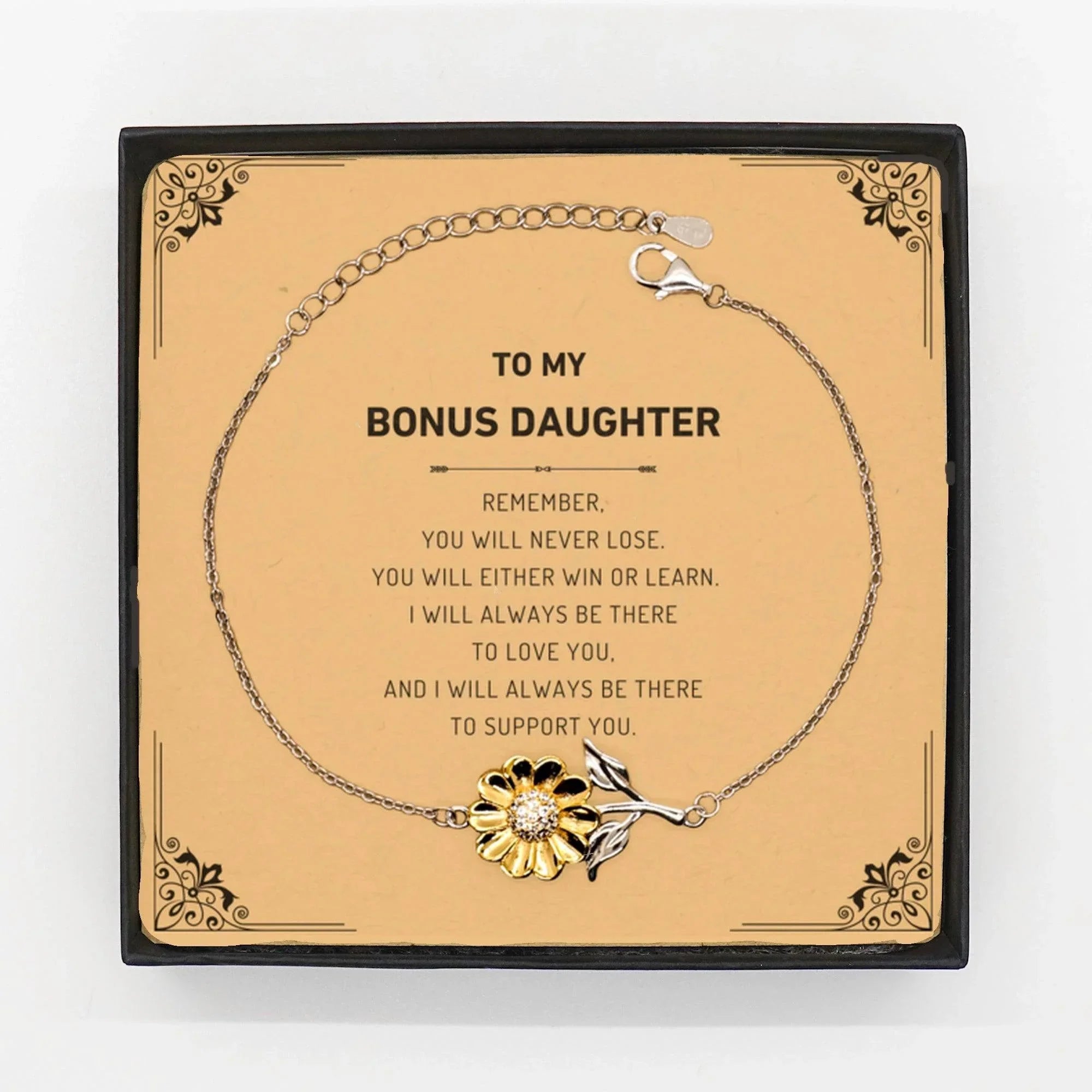 Bonus Daughter Gifts, To My Bonus Daughter Remember, you will never lose. You will either WIN or LEARN, Keepsake Sunflower Bracelet For Bonus Daughter Card, Birthday Christmas Gifts Ideas For Bonus Daughter X-mas Gifts