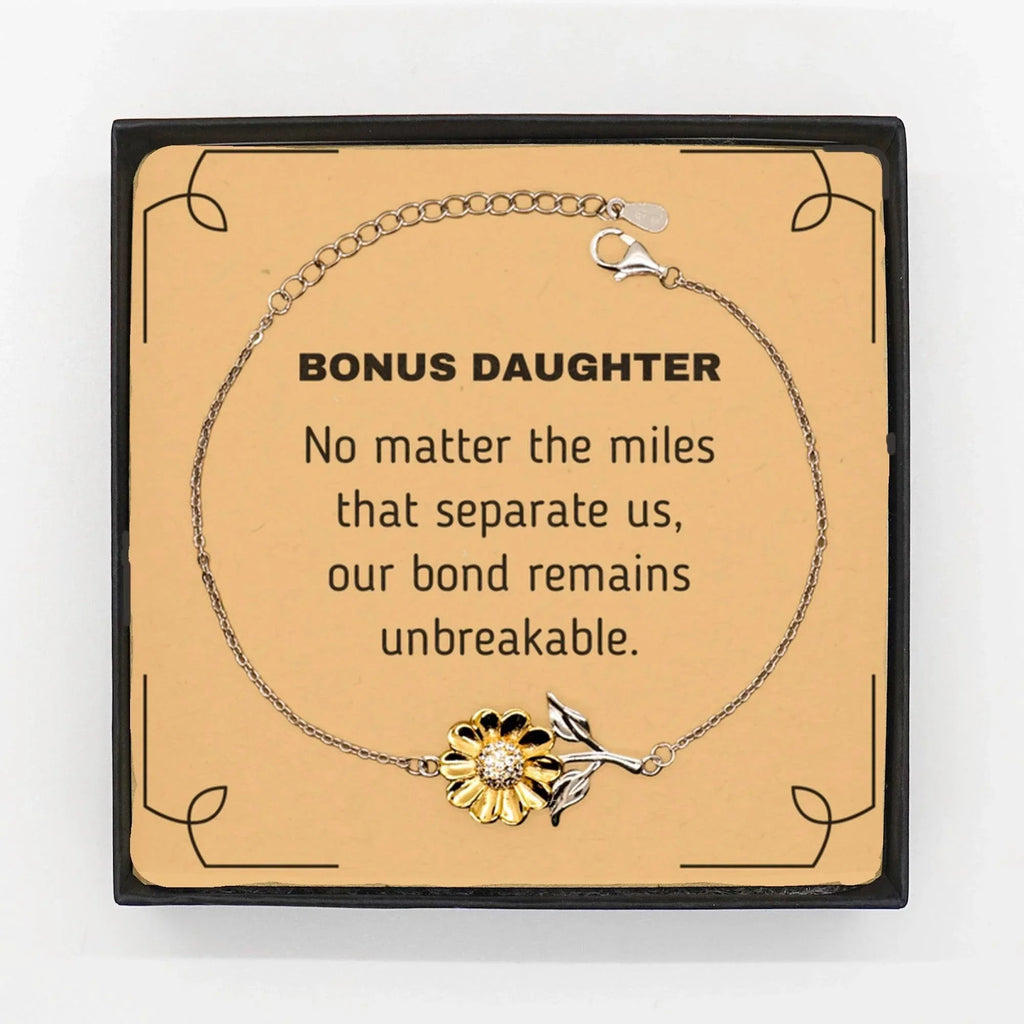 Bonus Daughter Long Distance Relationship Gifts, No matter the miles that separate us, Cute Love Sunflower Bracelet For Bonus Daughter, Birthday Christmas Unique Gifts For Bonus Daughter