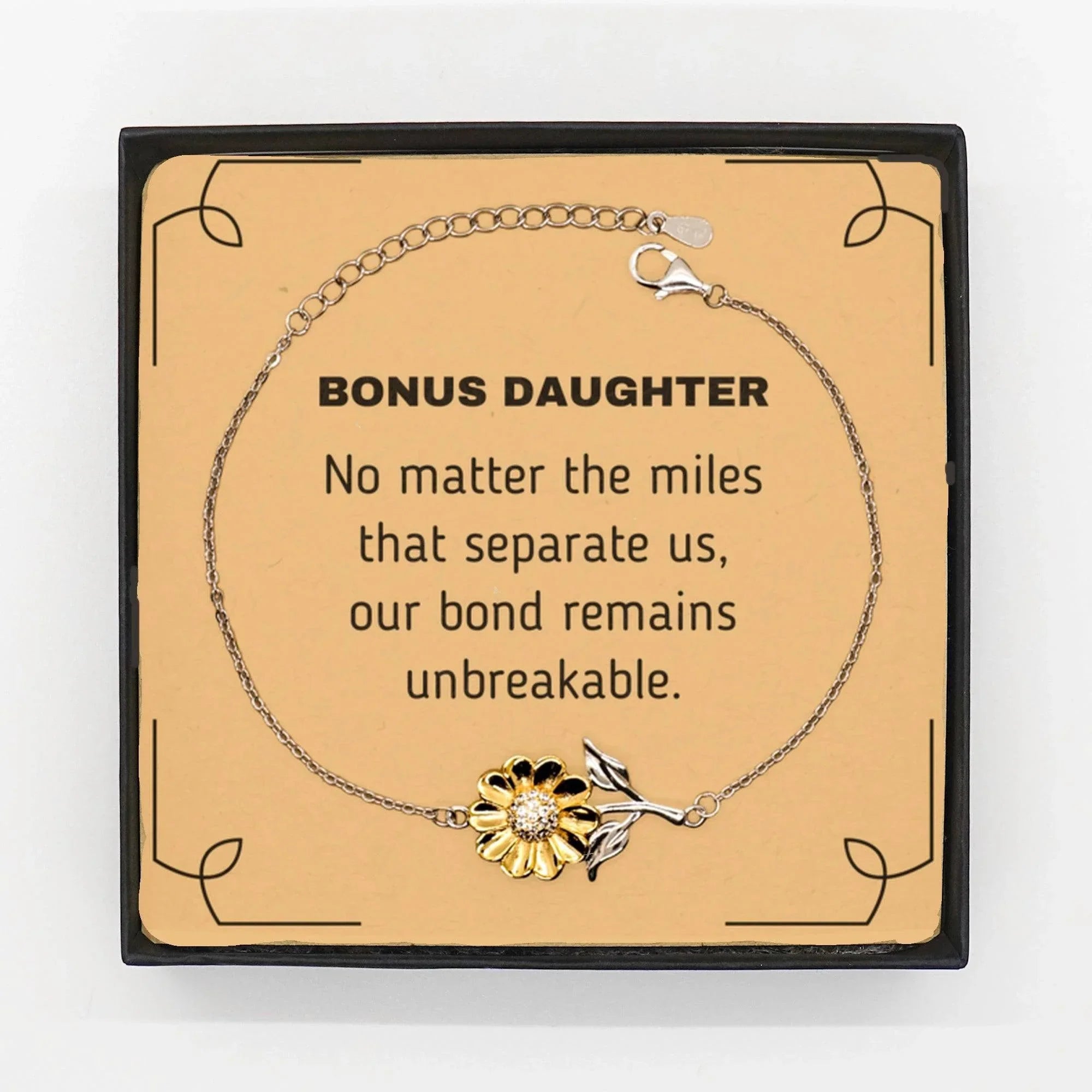 Bonus Daughter Long Distance Relationship Gifts, No matter the miles that separate us, Cute Love Sunflower Bracelet For Bonus Daughter, Birthday Christmas Unique Gifts For Bonus Daughter