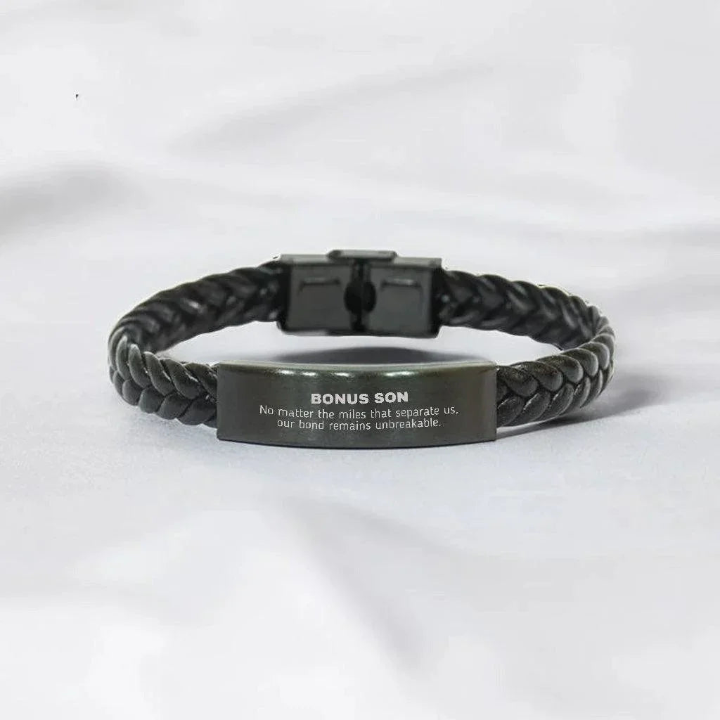 Bonus Son Long Distance Relationship No matter the miles that separate us, Our Bond Remains Unbreakable Braided Leather Bracelet Birthday Graduation Christmas Unique Gifts